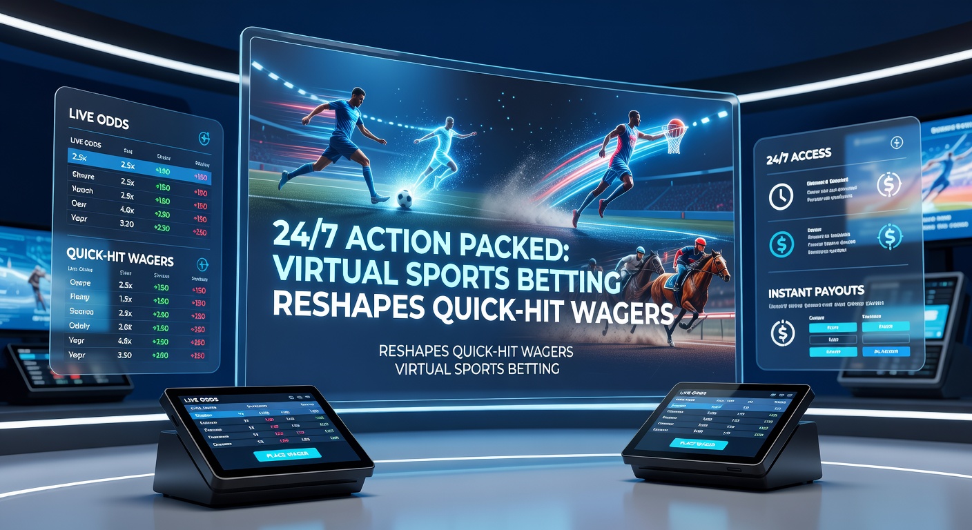 Dynamic virtual sports simulation showing animated football players in a fast-paced match, highlighting the 24/7 betting action