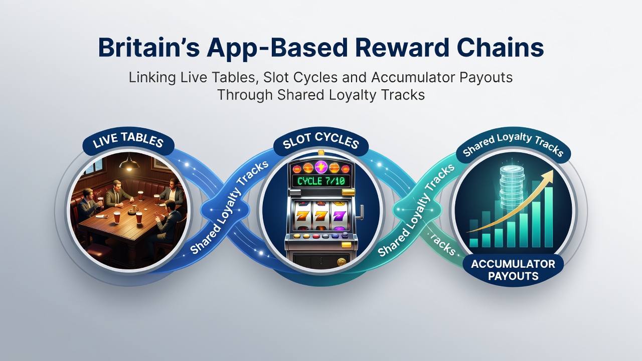 Illustration of app-based loyalty tracks linking live tables, slot cycles, and accumulator payouts