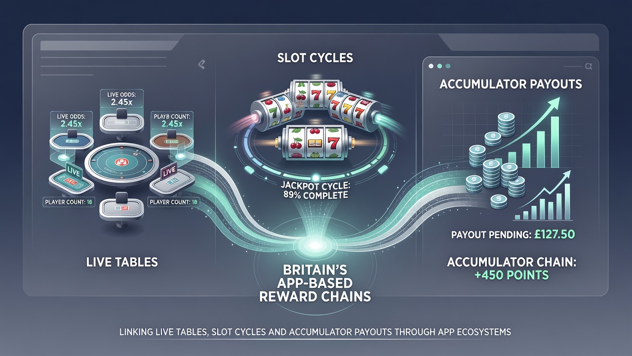 Diagram showing shared loyalty connections between live tables, slots, and accumulators in British apps