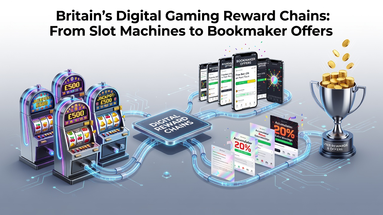 Illustration of interconnected digital reward chains linking slot machines with bookmaker offers in Britain's gaming sector
