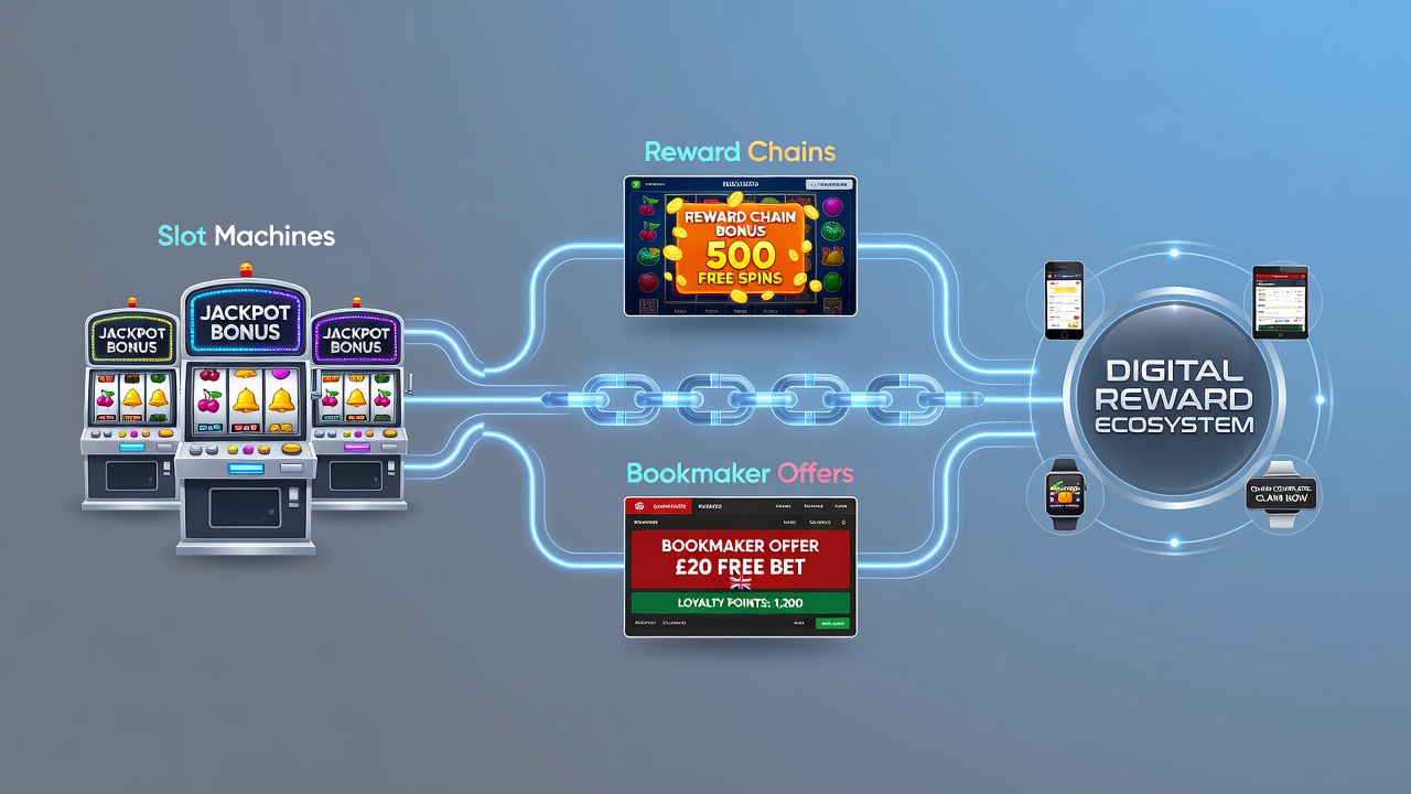 Diagram showing flow of digital rewards from online slots to sports betting bonuses and loyalty tiers