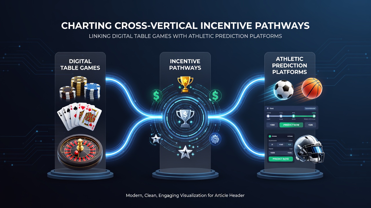 Visual representation of interconnected digital table game interfaces and sports prediction dashboards showing shared reward pathways