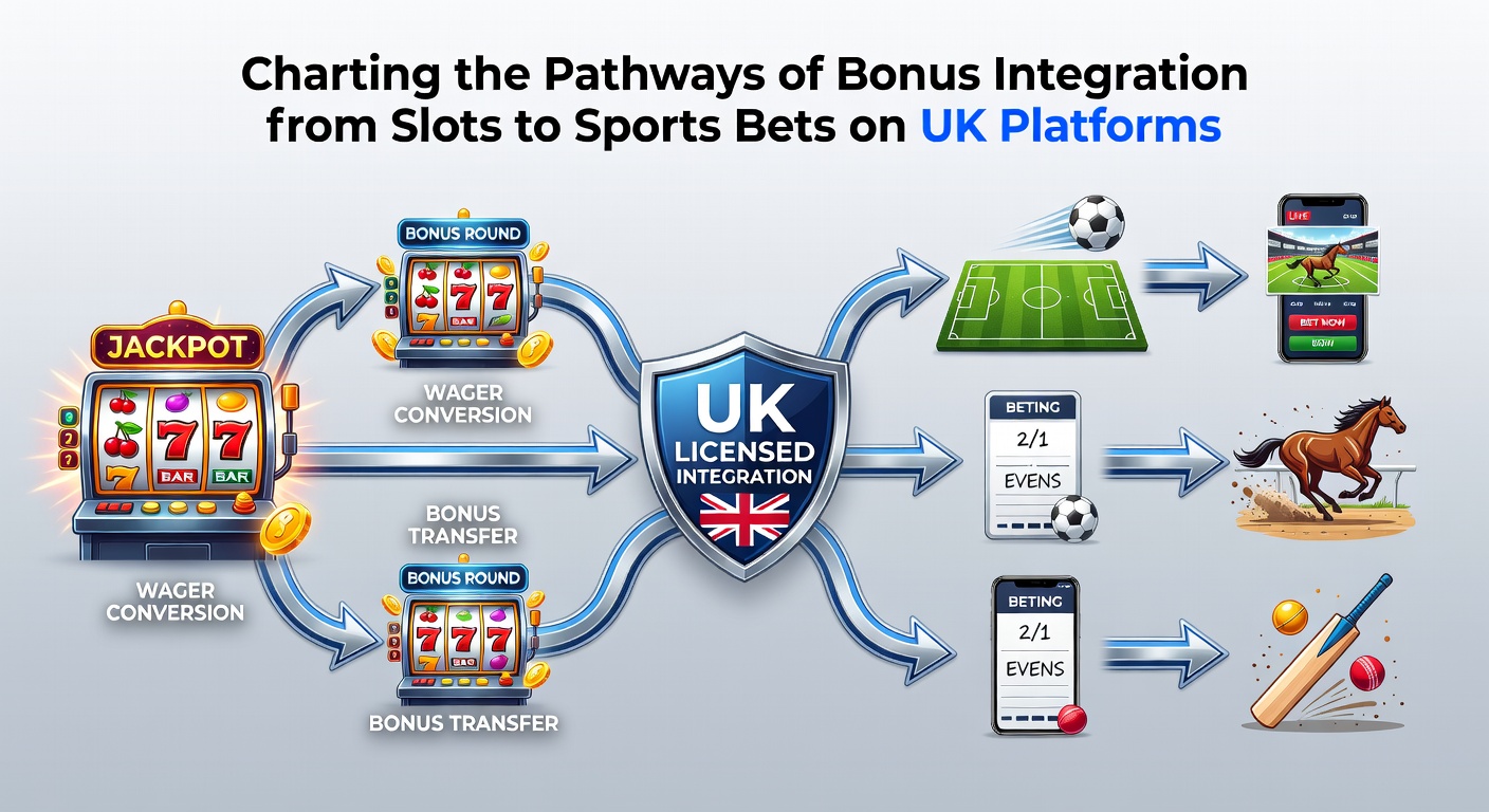 Illustration of bonus integration pathways connecting slot machines to sports betting interfaces on digital platforms