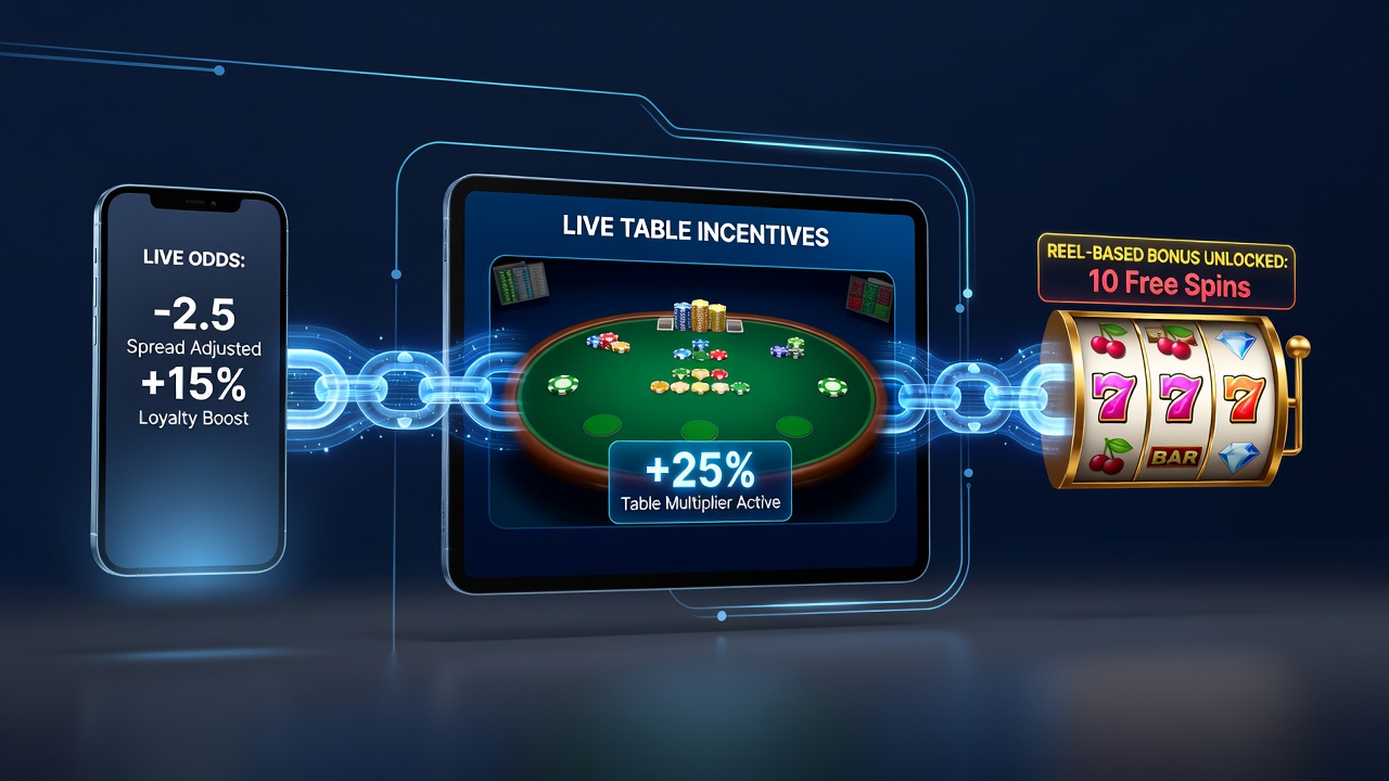 Tablet and smartphone side by side displaying synced loyalty rewards moving from live dealer tables to slot reel multipliers