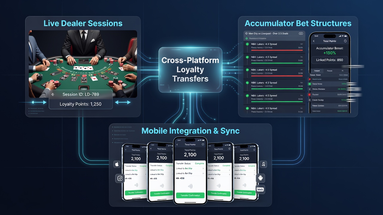 Illustration of loyalty points flowing from live dealer blackjack to a multi-leg sports accumulator in a mobile interface