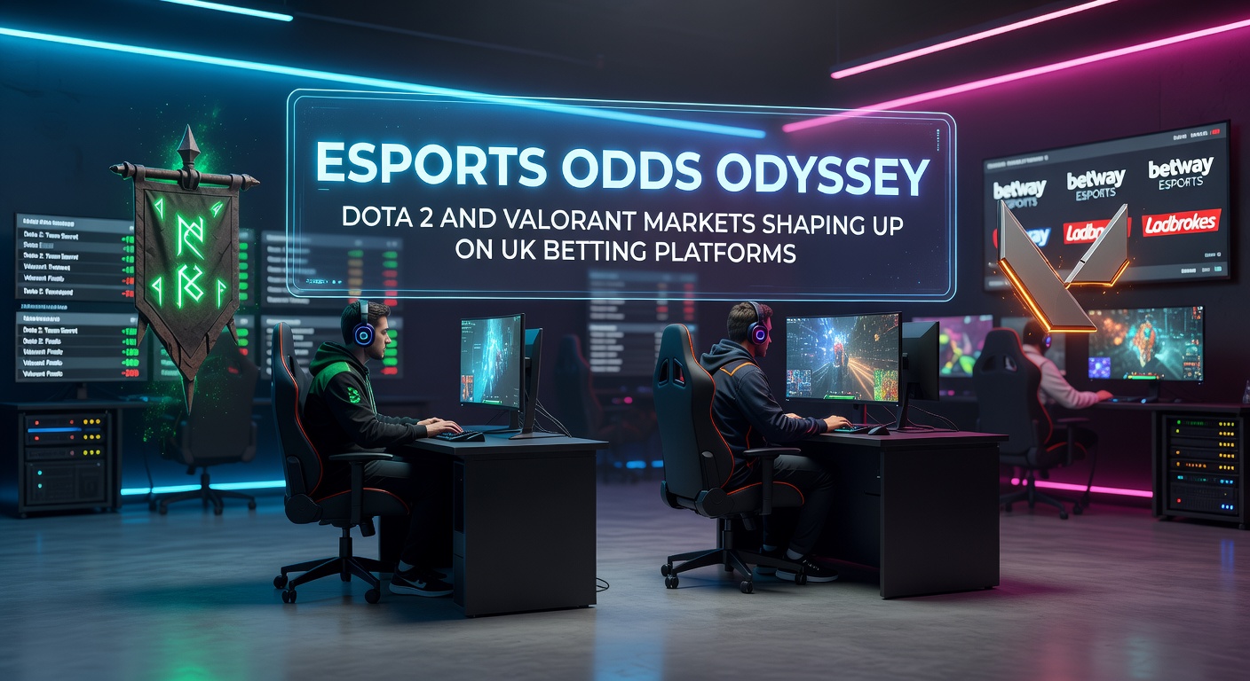 Vibrant esports arena with Dota 2 and Valorant players competing under bright lights, odds screens flickering in the background