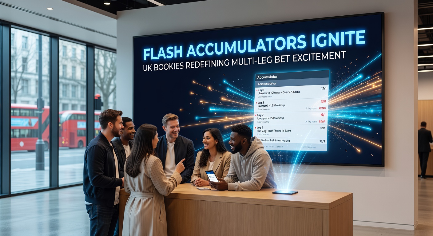 Vibrant digital display showing cascading multi-leg bet options with flashing accumulator graphics on a UK bookmaker app