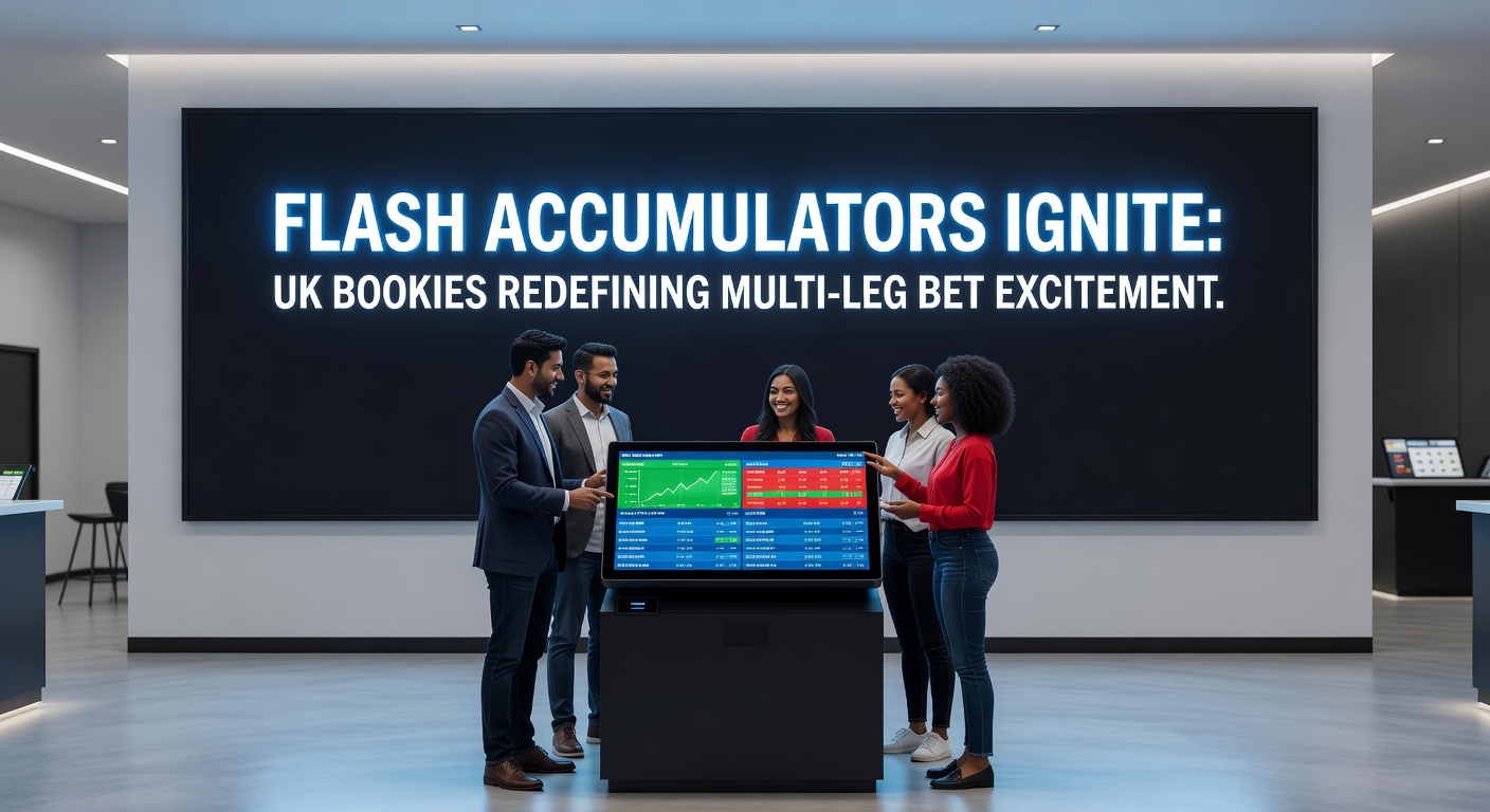 Close-up of a smartphone screen displaying a live flash accumulator bet in progress, with glowing odds and cash-out button highlighted during a football match