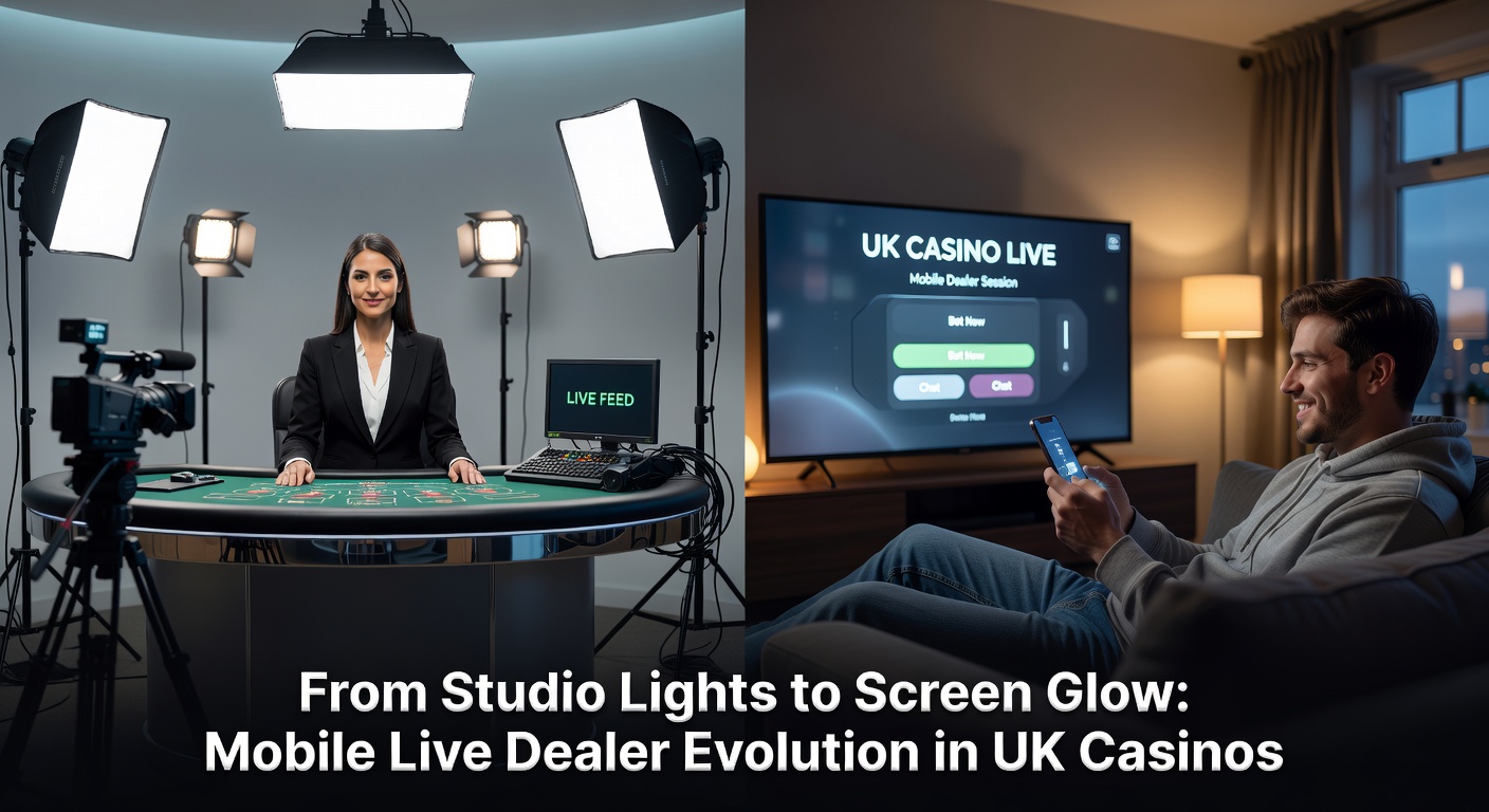 Live dealer in a brightly lit studio interacting with mobile players via high-definition screens, capturing the shift from fixed setups to portable casino action