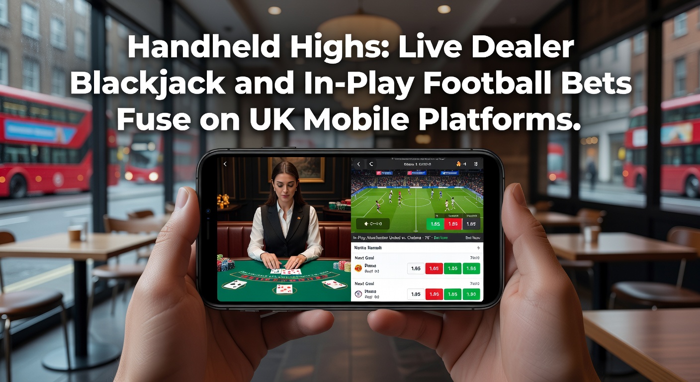 Smartphone displaying split-screen view of live dealer blackjack table alongside in-play football betting odds during a Premier League match