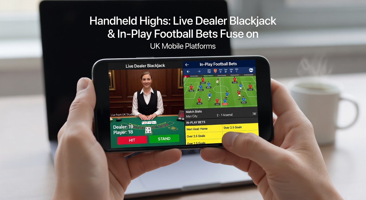 Close-up of mobile app interface fusing live blackjack dealer interaction with dynamic in-play betting markets for a live Premier League fixture