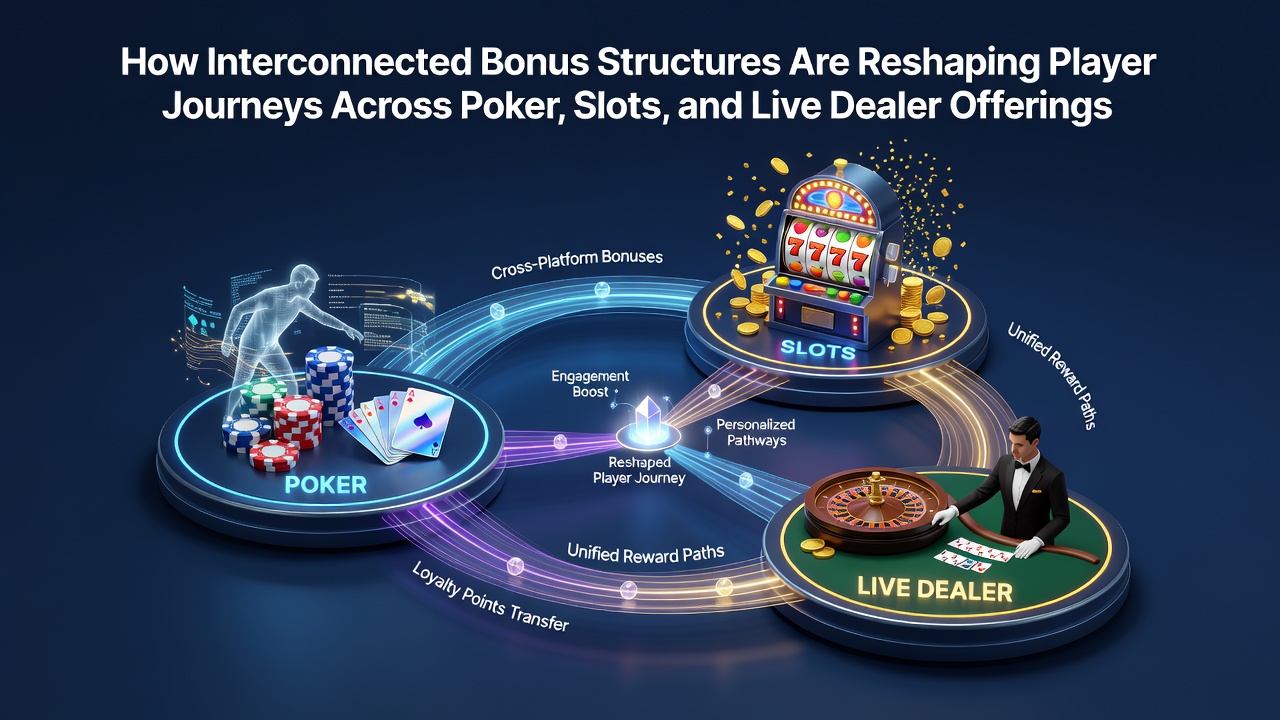 Visual representation of bonus points flowing between poker, slots, and live dealer interfaces on a single platform dashboard