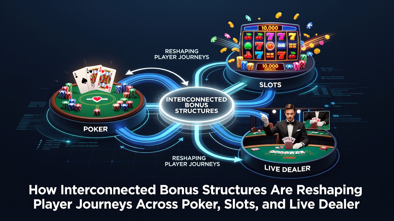 Diagram showing data flow between slot reels, poker tables, and live dealer streams through a central loyalty engine