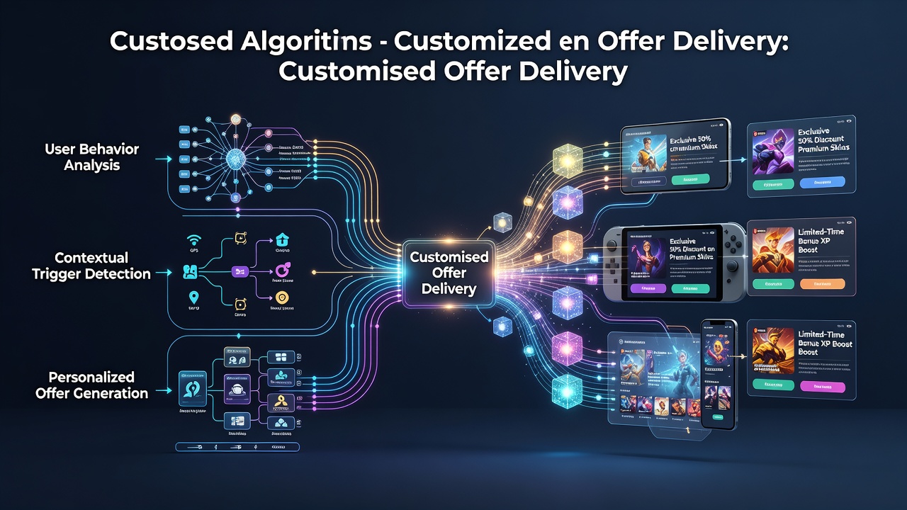 Mobile gaming device displaying customized promotional offers generated by backend algorithms