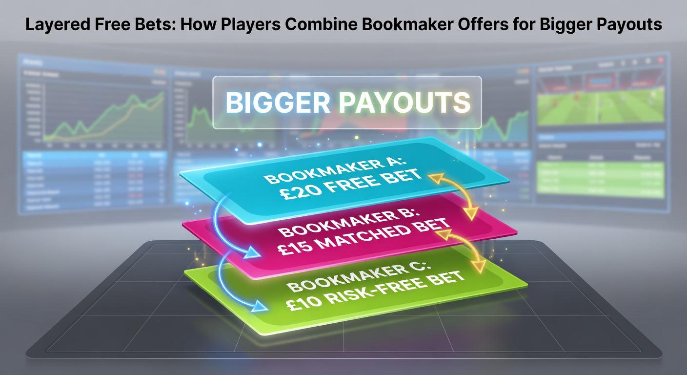Graphic showing layered betting slips from multiple bookmakers stacking up to form a larger payout pyramid