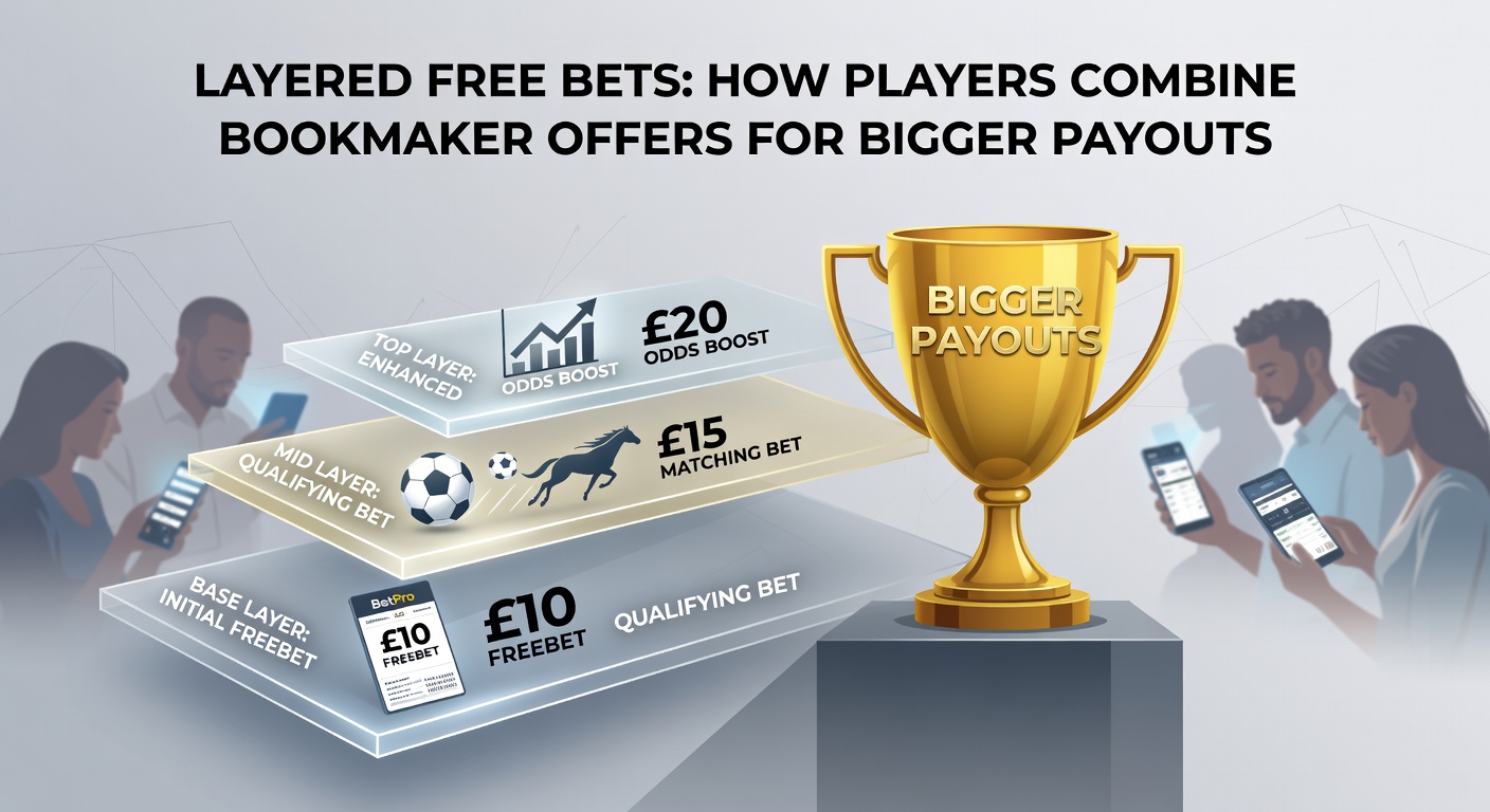 Infographic illustrating a step-by-step layering process with bookmaker icons and stacking free bet tokens leading to a jackpot payout