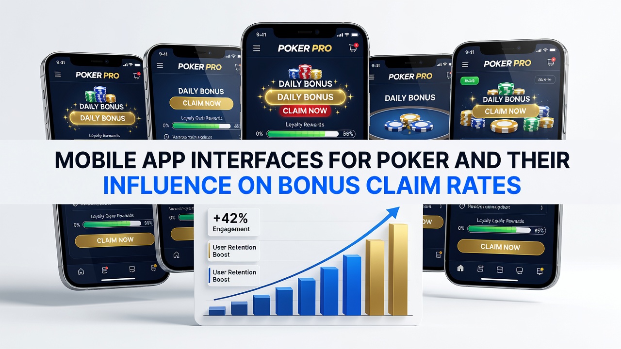 Mobile poker app interface showing bonus claim button placement and navigation layout