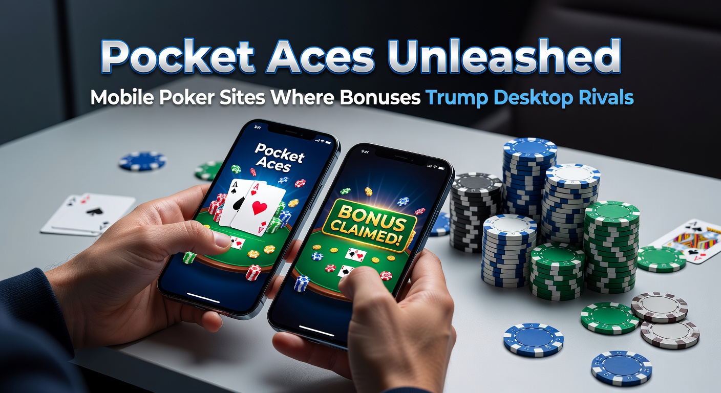 Close-up of a hand holding a phone with a poker tournament lobby open, bonus chips stacking up in the foreground against a casino table blur