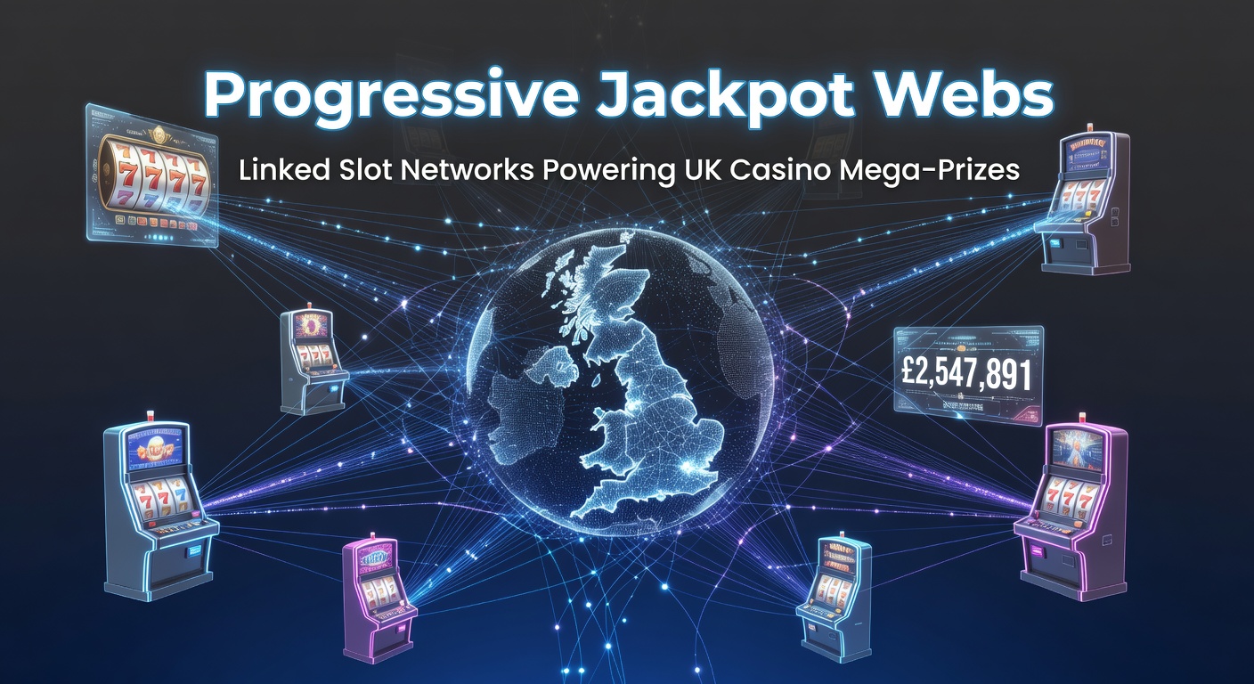 Visual network of interconnected slot machines glowing with jackpot potential, symbolizing linked progressive systems in UK casinos