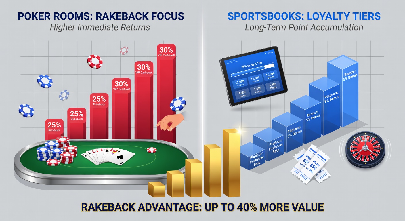 Split-screen graphic comparing poker rakeback charts on one side to sportsbook loyalty tier pyramids on the other, with percentage icons and March 2026 promo highlights