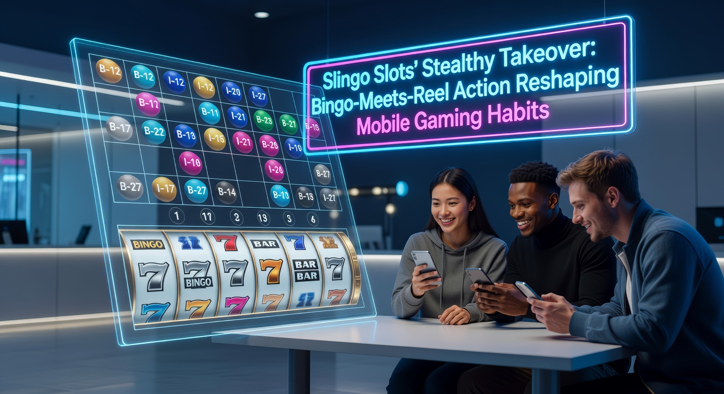 Vibrant Slingo slot game on a mobile screen showing spinning reels and bingo card grid, highlighting the fusion of bingo numbers and slot symbols