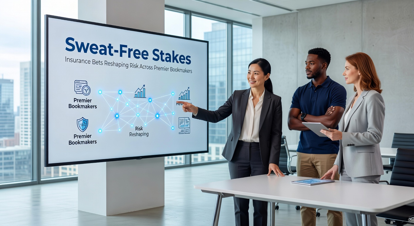 Graphic illustrating insurance bet mechanics with a safety net catching falling wager stakes on a sportsbook interface