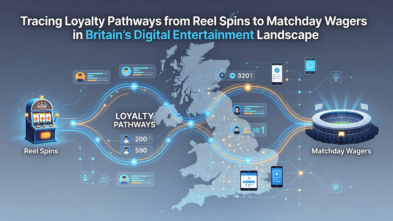 Digital interface showing connected loyalty points flowing from slot reels to sports betting odds on a British platform