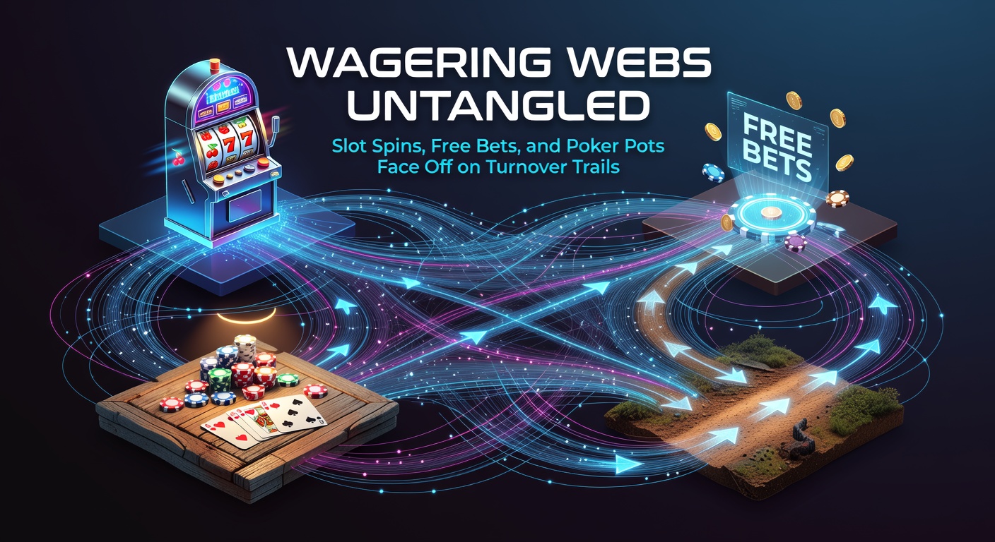 Entangled webs of slot reels, betting slips, and poker chips symbolizing complex turnover requirements in online wagering